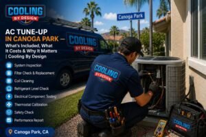 HVAC technician performing AC tune-up on outdoor condenser unit Canoga Park
