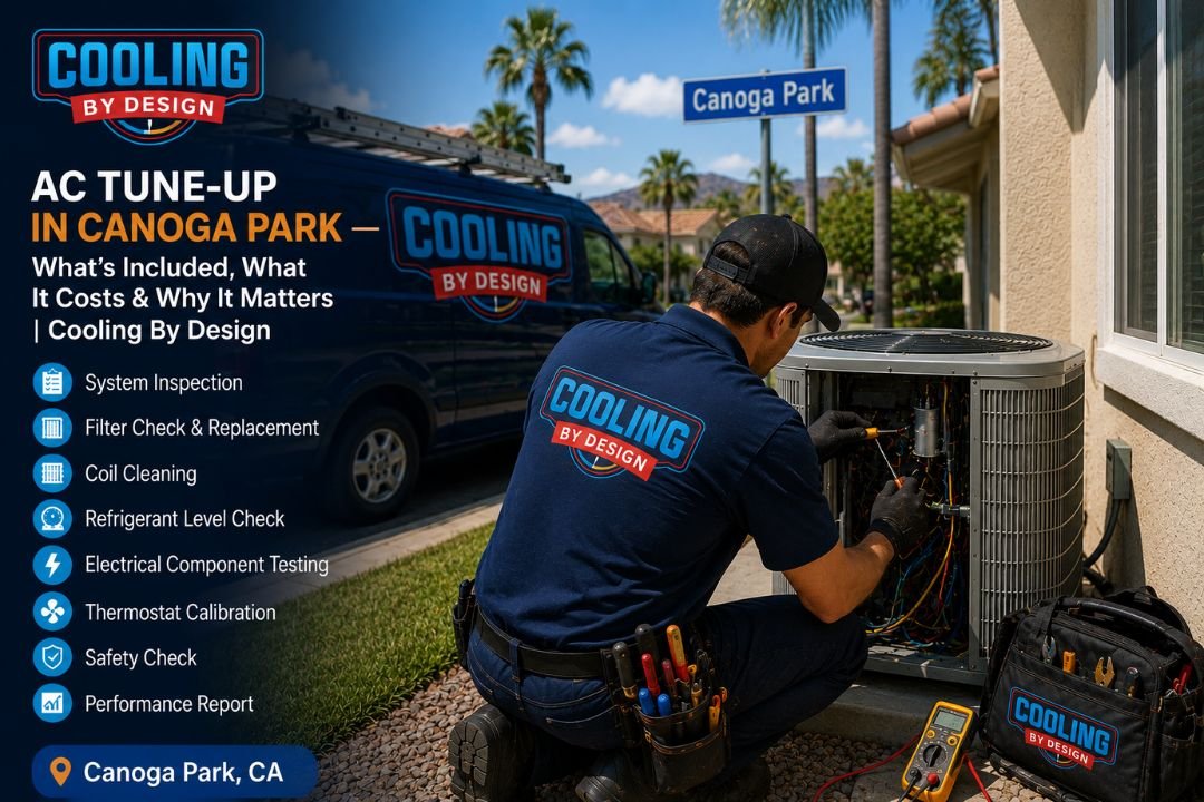 HVAC technician performing AC tune-up on outdoor condenser unit Canoga Park