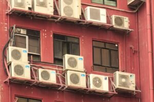 Outdoor AC condenser unit close-up