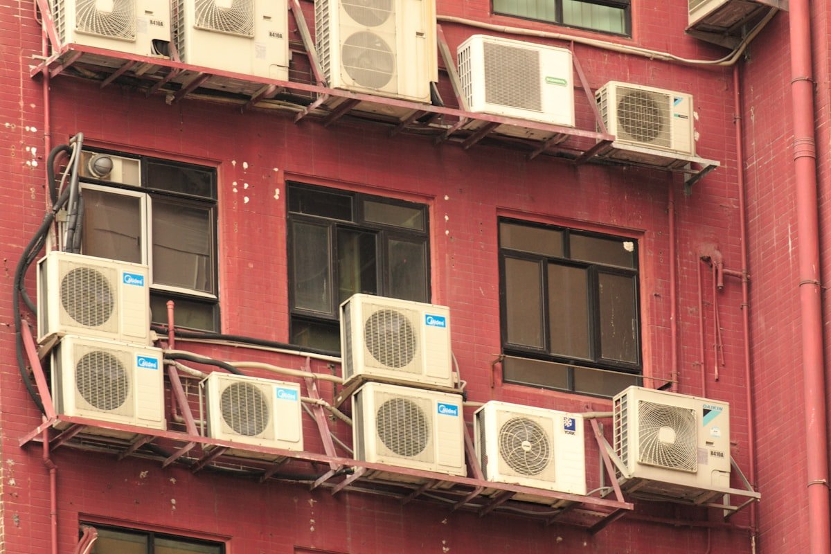 Outdoor AC condenser unit close-up